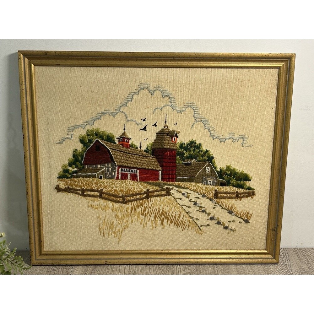 Vintage Finished Framed Crewel Embroidery Red Barn Farm Farmhouse Country 17x21